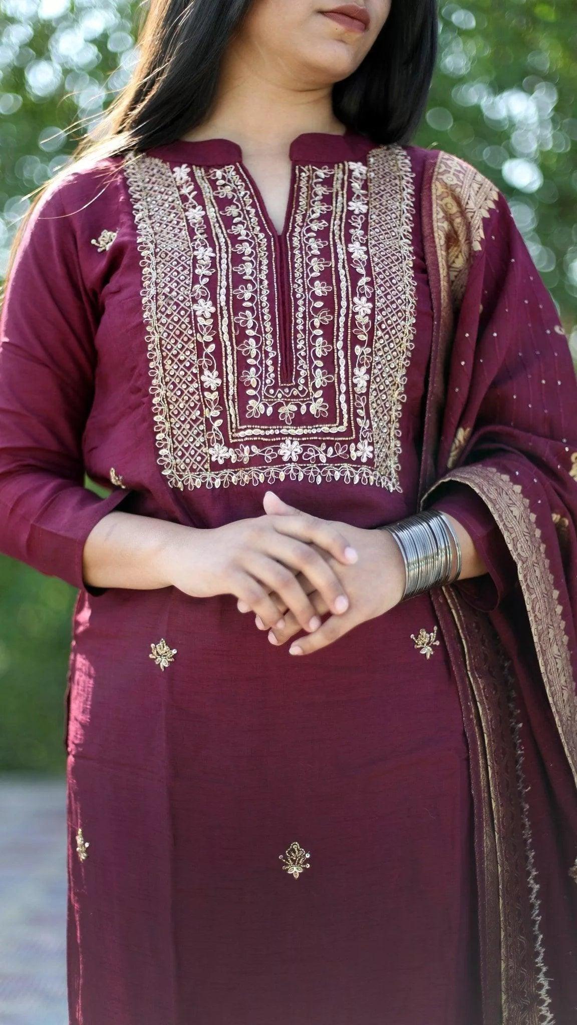 Maroon Heavy Banarasi Silk Suit With Heavy Hand Embroidered Dupatta